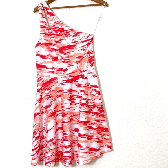 AQUA Coral & White One Shoulder Dress